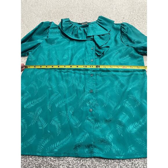 Ship 'N Shore Women's Size 12 Long Sleeve Button Up Ruffle Neck Blouse Green - Picture 4 of 9